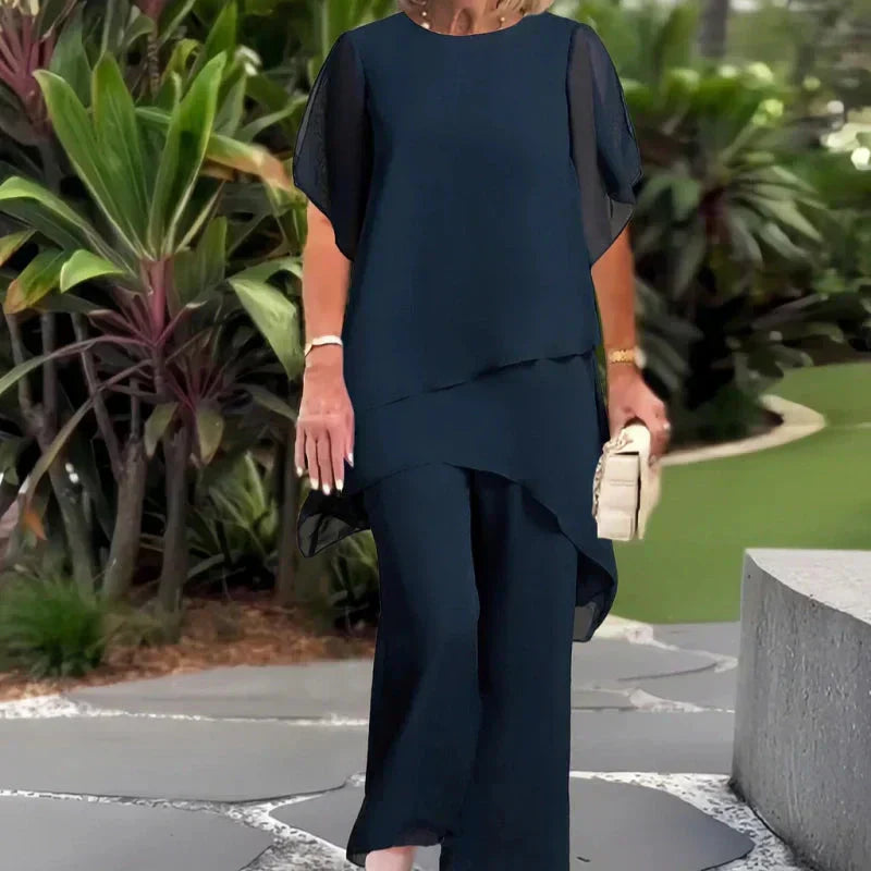 Beata – Elegancki nieregularny komplet top i spodnie