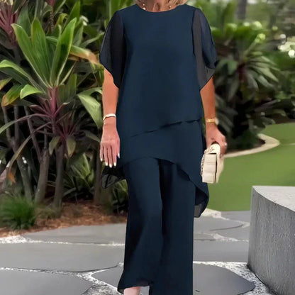 Beata – Elegancki nieregularny komplet top i spodnie